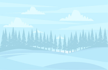 Winter scene with falling snow. Snow drifts sparkle in the cold and frozen fir trees. Vector illustration. Merry Christmas and New Year greeting card 2022 with natural winter landscapes with cloudy.