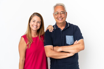 Middle age couple isolated on white background happy and laughing