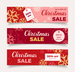 Christmas sale. Set of vector banners with promotional discounts. Festive red background with golden snowflakes.