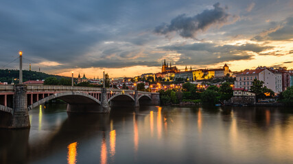 Cityscape of Prague with the famous castle during sunset.