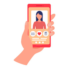 Hand holds phone with dating site. Beautiful girl on smartphone screen. Mobile dating app. Site for search couple. Vector flat illustration on online dating app users with abstract website profile - obrazy, fototapety, plakaty