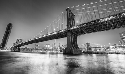 The Brooklyn and Manhattan Bridges at night from Broolyn Bridge Park, New York City in winter.