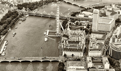 Aerial view of London skyline along Thames River