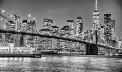 The Brooklyn Bridge at night from Broolyn Bridge Park, New York City in winter.