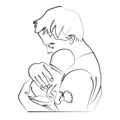 Young father holding a newborn baby in his arms line art stock illustration