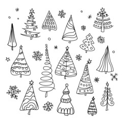 Hand drawn set of Christmas trees. Abstract doodle drawing woods. Vector art illustration.