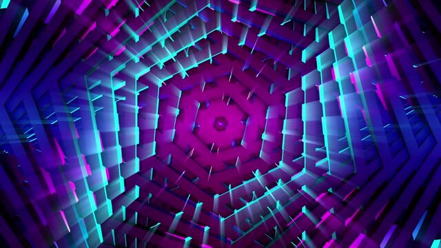 Hypnotic spiral with polygons and glow. Motion. 3D moving spiral of polygons. Hypnotic spiral of rotating hexagons and glow