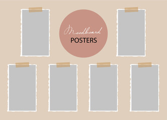 Mood board template collection with vertical torn notes on sticky tape. Mockup for presentation and modern design. 6 empty beige papers. Vector 3d realistic. Blank template. EPS10.