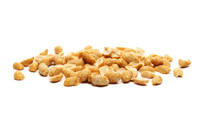 Spicy hot, dry roasted peanuts pile isolated on white background