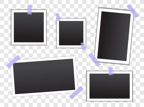Collection of photo frames from polaroid. Realistic sticker for inserting your own picture. Layout or mockup for social network and printing. Realistic 3D vector set isolated on transparent background