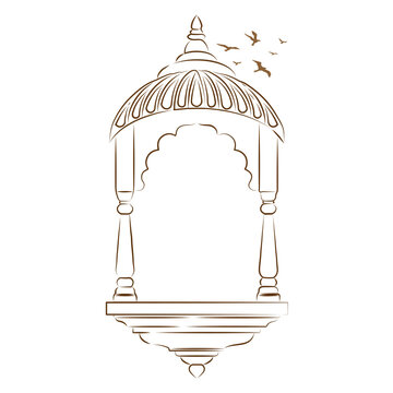 Jharokha vector illustration. Window architecture illustration. Jharokha with Bird's illustration. Line art arch illustration. Flying Bird's illustration. Rajasthani Jharokha vector. 