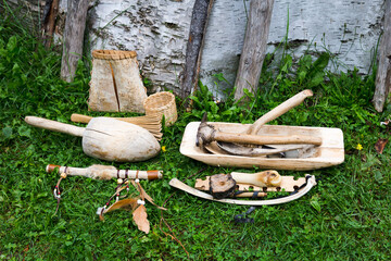 Wood, metal, bone and bark traditional native tools, Gaspé, Quebec, Canada
