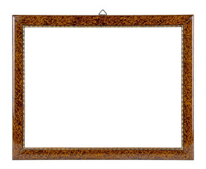 Glossy burl wood picture frame with hanger isolated on white background.