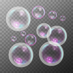 Realistic soap bubbles. Composition of beautiful flying balls with gradient highlights and shadows. Composition for websites, posters. 3D modern vector illustration isolated on transparent background