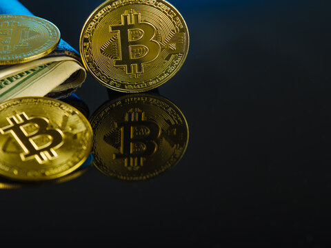 Gold bitcoins on a dark blue background. Levitation. Minimalism. Cryptocurrency, buying, selling, exchanging cryptocurrency for real money, electronic sales.