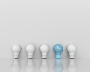Obraz premium Light bulb blue outstanding among lightbulb group. Concept of creative idea and innovation, Unique, Think different, Individual and standing out from the crowd. 3d render illustration