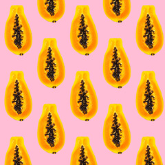 Papaya Fruit seamless pattern on Pink background, flat lay, top view, Exotic Fruit Pattern, Creative Food concept