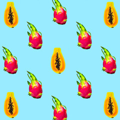 Dragon Fruit Pitaya and Papaya seamless Pattern on Blue background, Creative Food Concept, Flatlay, Exotic Fruit Background