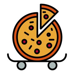 Pizza on wheels icon. Outline pizza on wheels vector icon color flat isolated
