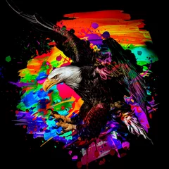 Poster colorful artistic eagle muzzle with bright paint splatters on dark background. © reznik_val