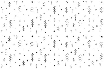 Seamless pattern with christmas trees in scandinavian style on snowy background. Simple minimalistic background for web, pint, wallpaper, wrapping paper, textile, scrapbooking. - obrazy, fototapety, plakaty