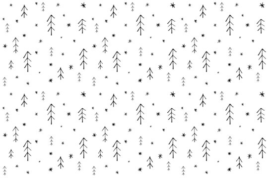 Seamless pattern with christmas trees in scandinavian style on snowy background. Simple minimalistic background for web, pint, wallpaper, wrapping paper, textile, scrapbooking.