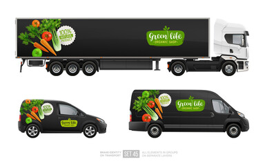 Vegetable logo on Truck Trailer, Delivery Van branding mockup set - vector template. Organic vegetable design for transport identity and Advertising. Organic Food farm products logotype template