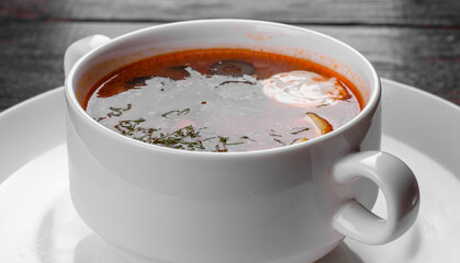 Appetizing dish of russian hodgepodge soup in ceramic pot