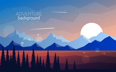 Discovering, exploring, adventure. Mountains Forest. Night, Day, Sunset. Vector polygonal landscape. Flat illustration. Minimalist style graphic design for flyers, banners, background, coupon, voucher