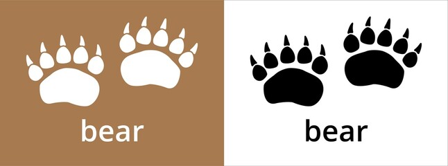 Bear paw print trail icon. Grizzly, polar bear foot print track icons vector set. Black and white. Isolated vector illustration. Paw silhouette. © great19