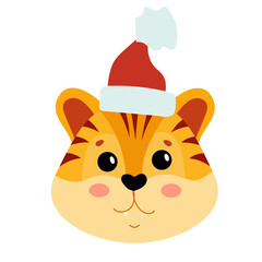 Muzzle of a Cute tiger. Symbol of the new year. Year of the tiger. Tabby kitten in a santa hat. Vector illustration isolated on white background.