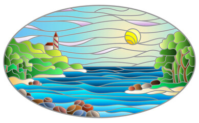 Illustration in stained glass style with seascape, sea with and shore against a Sunny sky with clouds, oval image