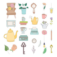 Set of hand drawn vintage objects: flowers, keys, typewritter, leaves, cups and mugs, clocks and kettles.