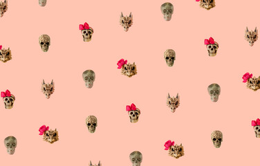 hellowen skull  against  pastel pink background. minimalism. abstract art with copyspace