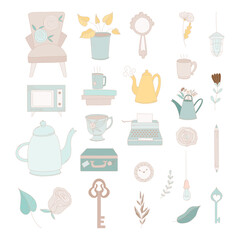 Set of hand drawn vintage objects: flowers, keys, typewritter, leaves, cups and mugs, clocks and kettles.