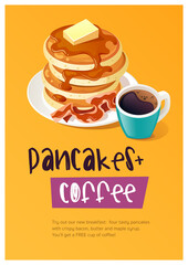 Roadside diner cafe breakfast menu. Stack of pancakes with bacon maple syrup and cup of hot black coffee. Vector illustration
