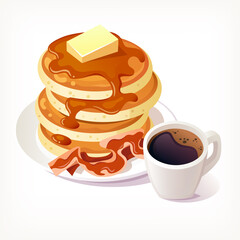 Stack of pancakes with crispy bacon in plate covered in maple syrup and a piece of butter on top. Cup of hot black coffee with foam. Isolated vector illustration for menu designs.