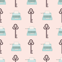 Vintage seamless pattern with key and typewritter.