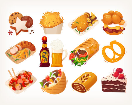Variety of typical german street foods snacks and dishes. Set of isolated vector meal illustrations. Traditional European cuisine and fast food icons.