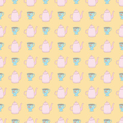 Hand drawn vintage tea cup and kettle seamless pattern.