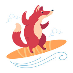 fox surfer blancing on a surfboard. Editable vector illustration