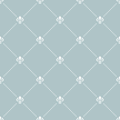 Fototapeta premium Seamless pattern. Modern geometric ornament with white royal lilies. Classic vintage light blue and white background