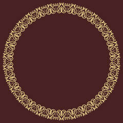 Oriental round golden frame with arabesques and floral elements. Floral border with vintage pattern. Greeting card with place for text
