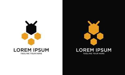 Bee hexagon logo design vector template  on a white and black background.