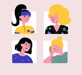 A set of illustrations of four girls blondes and brunettes