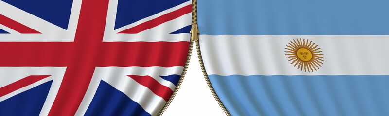 the United Kingdom and Argentina political cooperation or conflict, flags and closing or opening zipper, conceptual 3D rendering