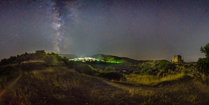 Milky way and ruined castle in spain