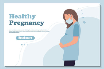 Web banner with pregnant woman in medical mask, healthy pregnancy concept, flat vector illustration