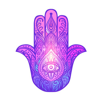 Ornate hand drawn hamsa. Popular Arabic and Jewish amulet. Vector illustration. Ayurveda sign of harmony and balance. Tattoo design, yoga logo. poster, t-shirt textile. Colorful rainbow.