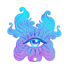 Seraphim with Blue Eye. Psychedelic hallucination. Vibrant vector illustration. 60s hippie colorful art in pink pastel goth colors isolated on white. Sticker, patch, poster graphic design.